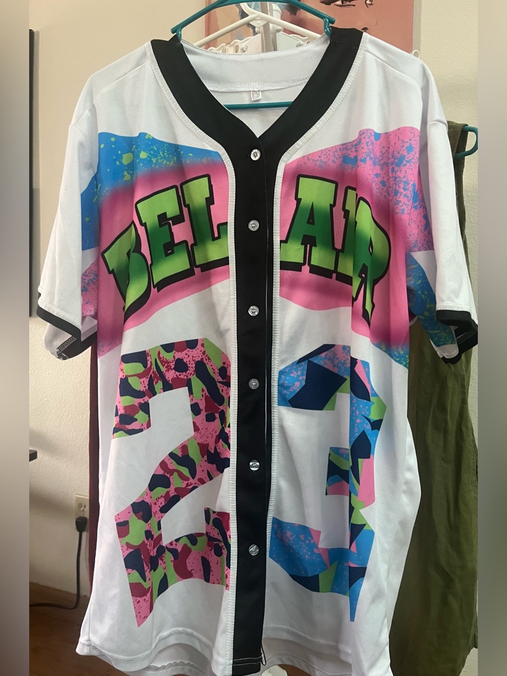 Bel Air Graphic Baseball Jersey - White, Neon Green & Pink